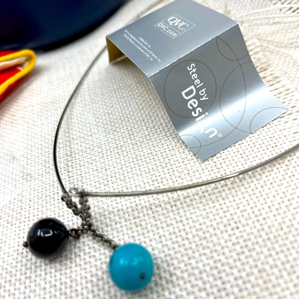 Early 2000s Stainless Steel Y-Neck Wire Collar Necklace with Turquoise